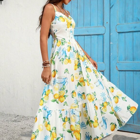 Boho Women's Vacay Lemon Fruit Print Ruffle Hem Sleeveless Long Dress - Picture 6 of 7